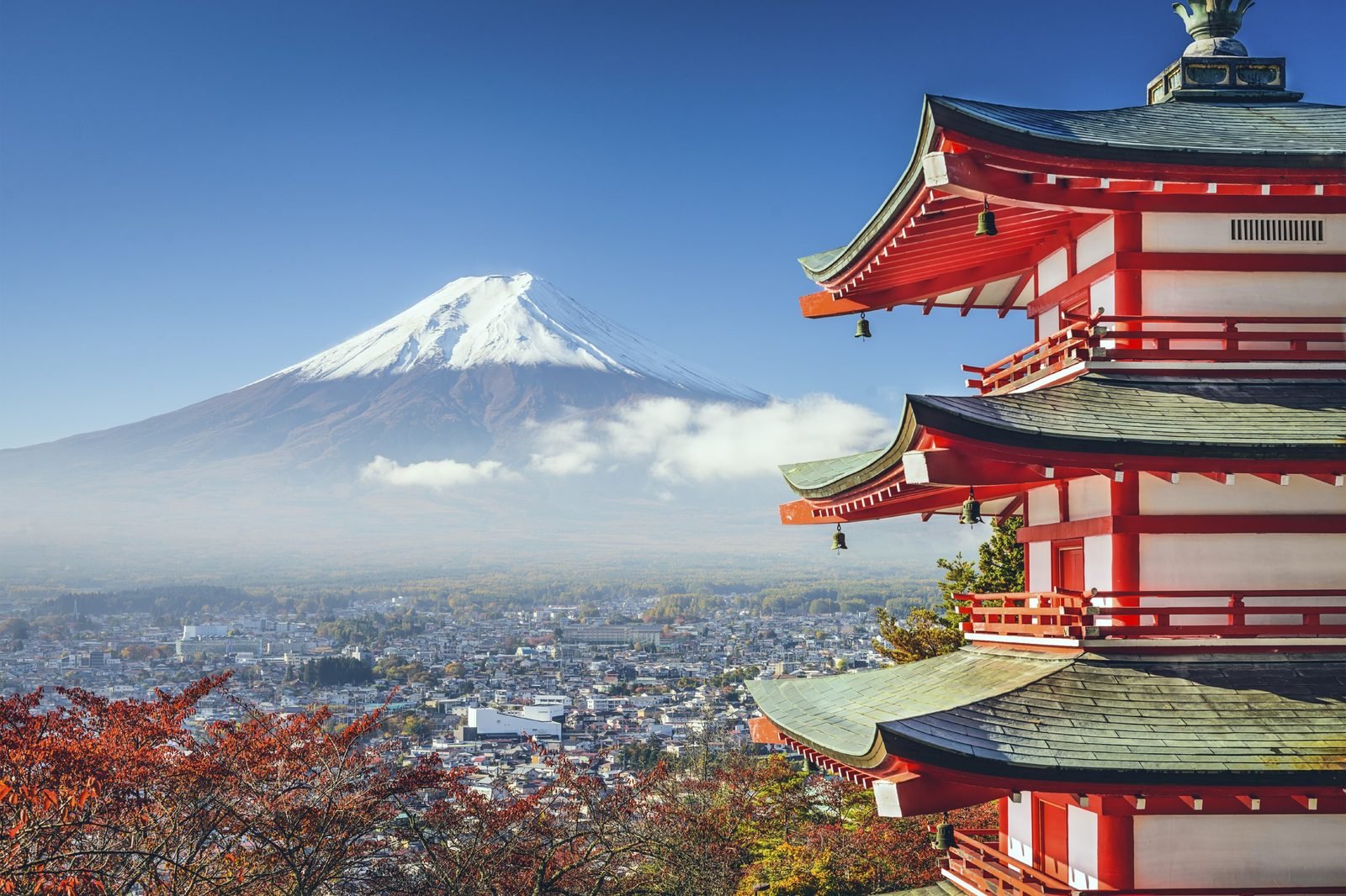 Núi Phú Sĩ phủ tuyết nhìn từ hồ Kawaguchi